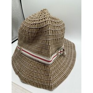 Grevi Firenze Made in Italy Brown White Woven Bucket Hat Striped Ribbon Large